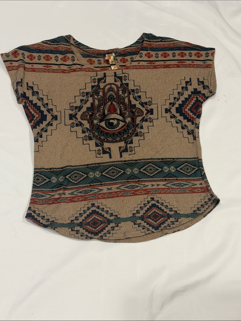 Boho Hamsa Graphic Short Sleeve Tee in Tan with Teal & Rust Accents